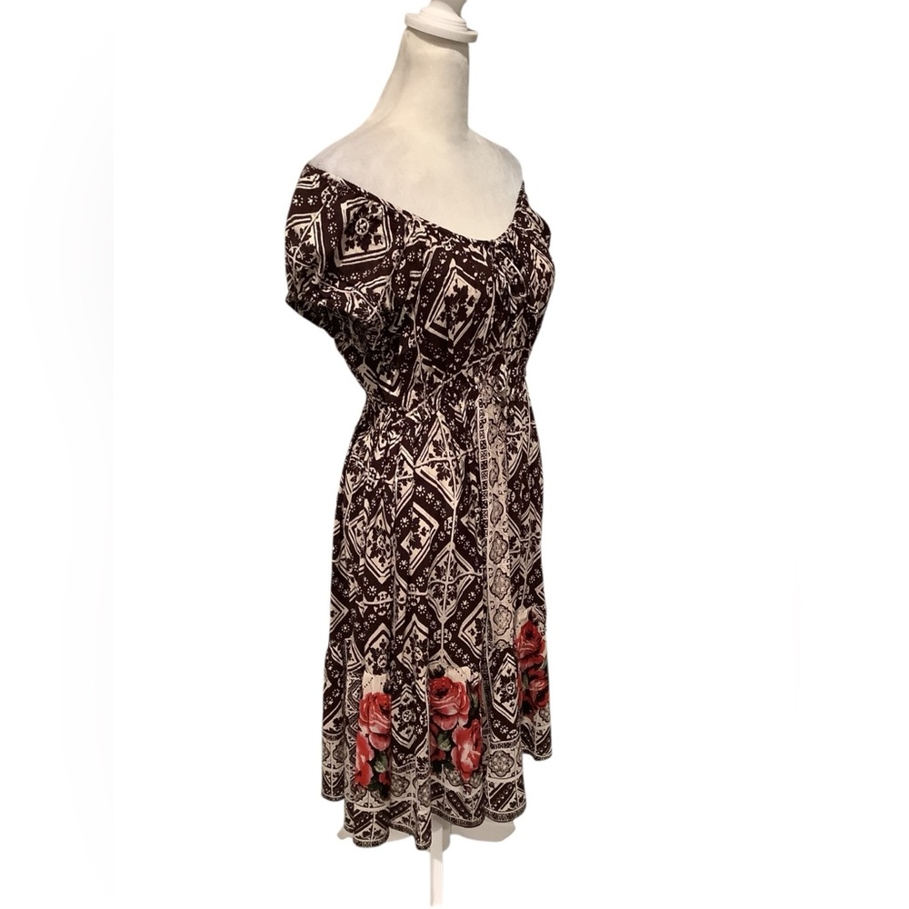 Elegant Brown and Beige Patterned Dress with Red Floral Accents BRAND NEW